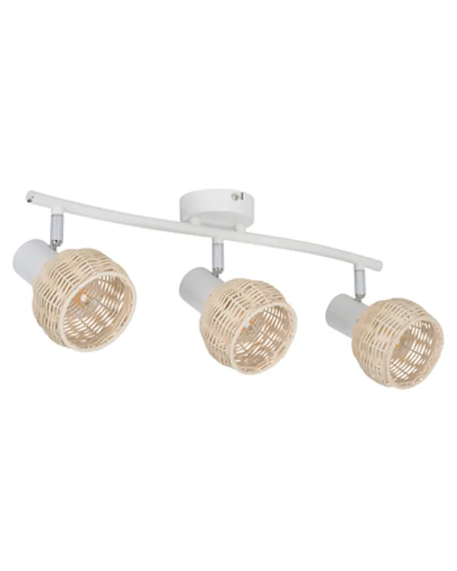 Regleta 3 focos 50cm en metal blanco y pantalla forma de bola de ratán 40W E14 Moderno