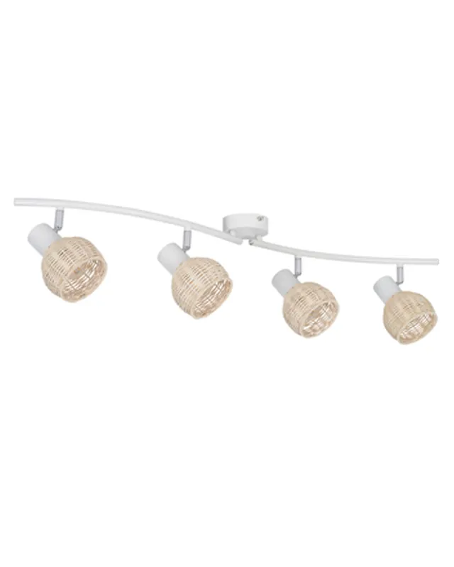 Regleta 4 focos 80cm en metal blanco y pantalla forma de bola de ratán 40W E14 Última Versión