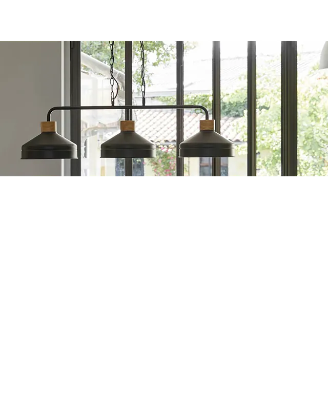 Súper Precio Lámpara de techo 98cm con 3 focos de metal negro decoración madera E27 60W