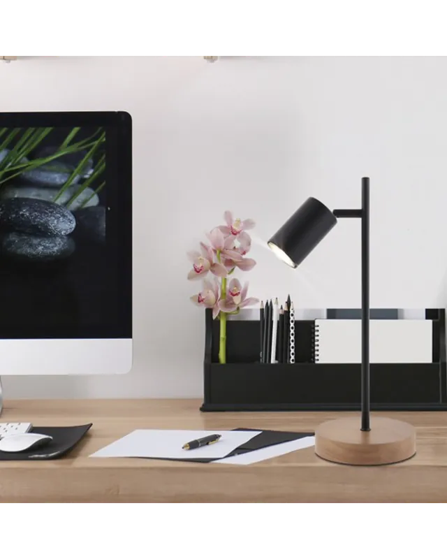 Barato Lámpara de mesa 40cm en metal y madera acabado negro GU10 50W