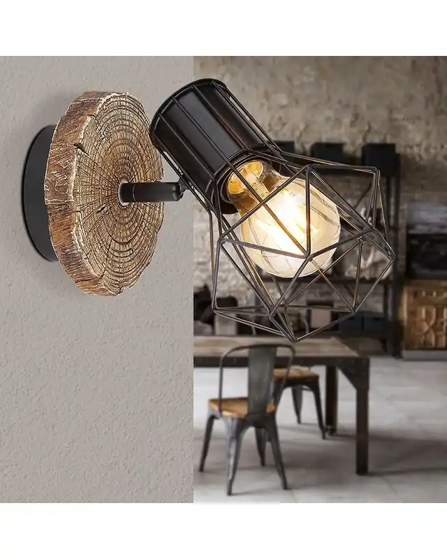 Aplique de pared vintage retro malla pantalla Industrial con portalamparas acabado negro base imitación madera E27 40W Promoción
