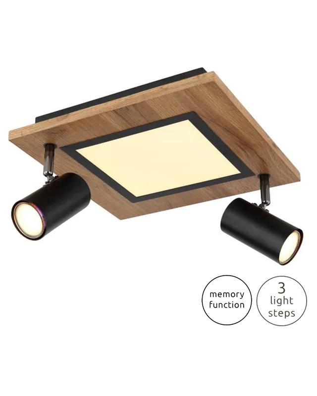 Stock Limitado Plafón techo 30cm LED 12W 3000K con dos focos 2xGU10 10W de metal, plástico y madera