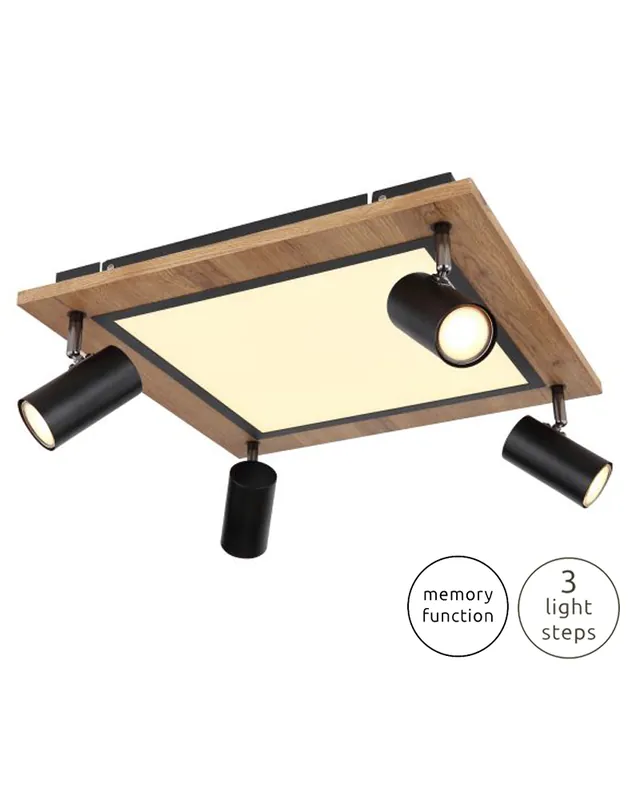 Promoción Exclusiva Plafón techo 45cm LED 24W 3000K con cuatro focos 4xGU10 20W de metal, plástico y madera