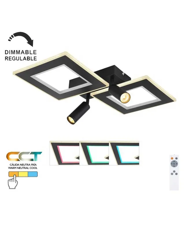 Premium Plafón techo 54cm LED 40W REGULABLE CCT y RGB 9W con dos focos GU10 de metal y acrílico