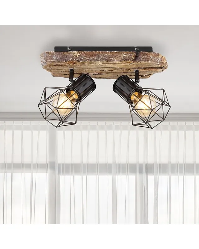 Regleta de techo vintage industrial con 2 focos oscilantes acabado portalamparas negro base imitación madera 2xE27 60W Tendencia