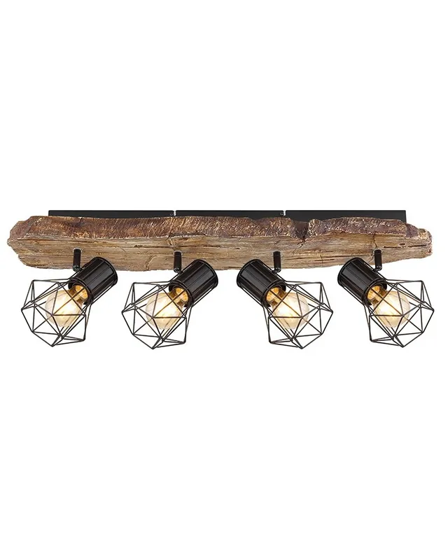 Regleta de techo vintage industrial con 4 focos oscilantes acabado portalamparas negro base imitación madera 4xE27 60W Gran Oferta