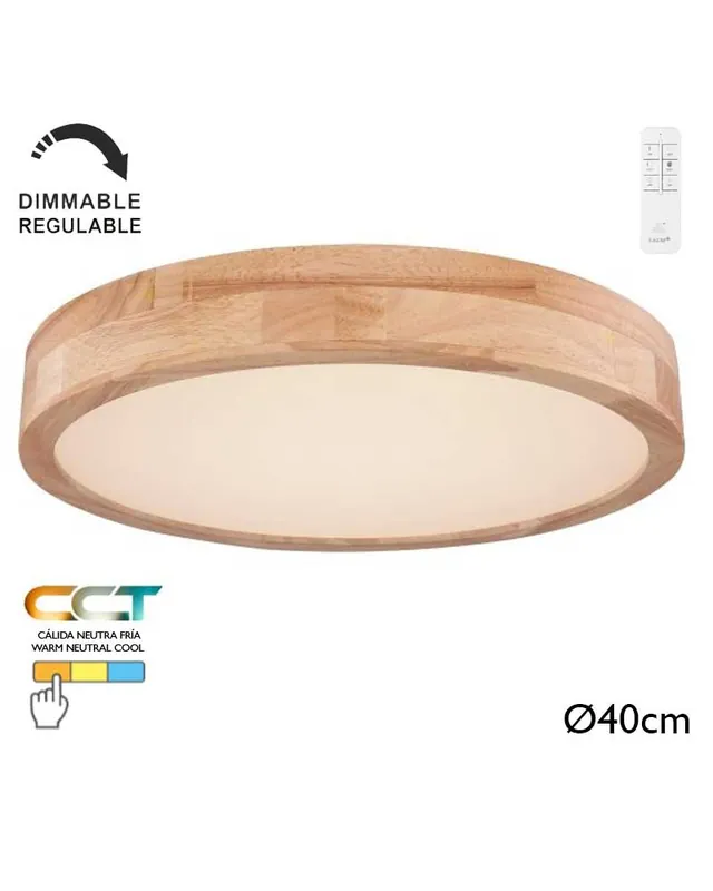 Últimas Unidades Plafón LED techo 40cm de metal acabado blanco y madera 24W CCT Switch 3000K-6000K