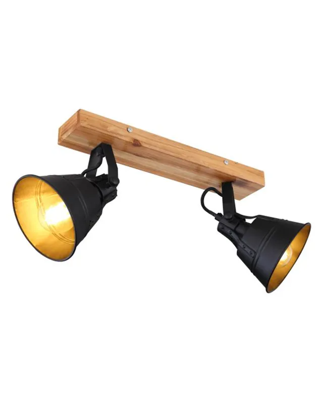 Premium Regleta 2 focos 38cm en metal y madera acabado negro E27 60W