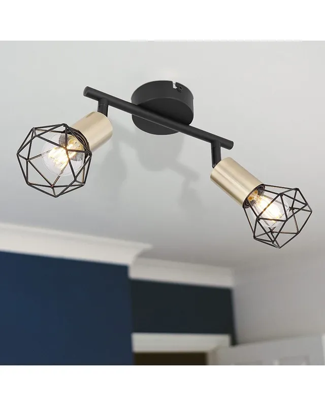 Regleta de techo vintage industrial con 2 focos oscilantes acabado portalamparas laton y base negro mate 2xE14 40W Solo Por Tiempo Limitado