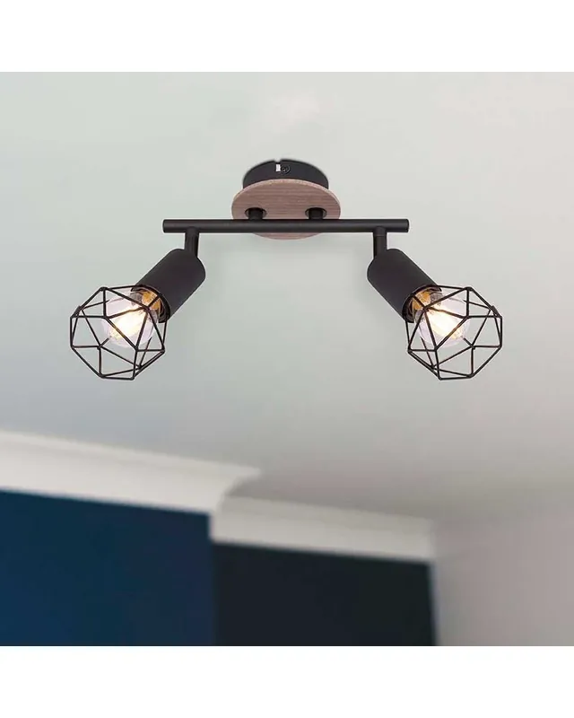 Regleta de techo vintage industrial con 2 focos oscilantes acabado portalamparas negro y base madera mate 2xE14 40W Tendencia