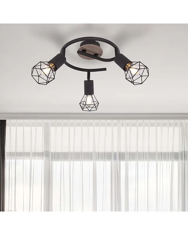 Tendencia Plafón de techo circular 23 cm vintage industrial con 3 focos oscilantes acabado portalámparas negro base madera  3xE14 40W
