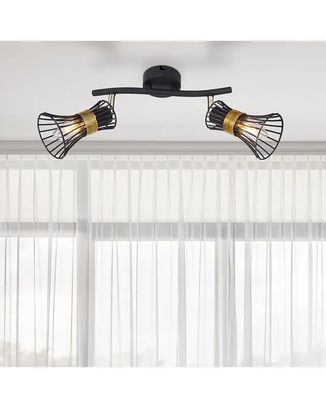 Venta Final Regleta de techo con 2 focos pantalla campanas rejas negras y dorada y adorno laton 2 x E14 40W