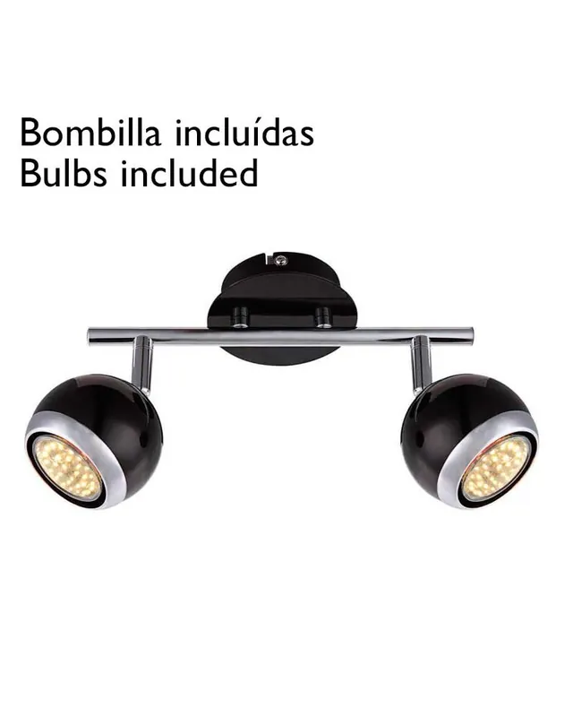 Regleta de focos negro y cromado para pared con pantalla esferica 2xGU10 bombillas LED incluida Liquidación