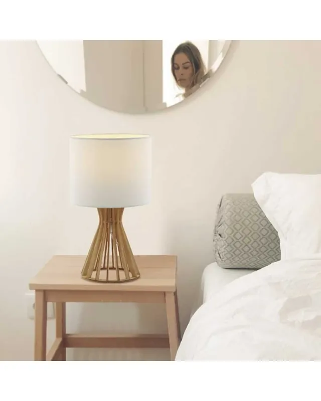 Última Versión Lámpara de mesa 37cm en madera y tela acabado natural y blanco E27