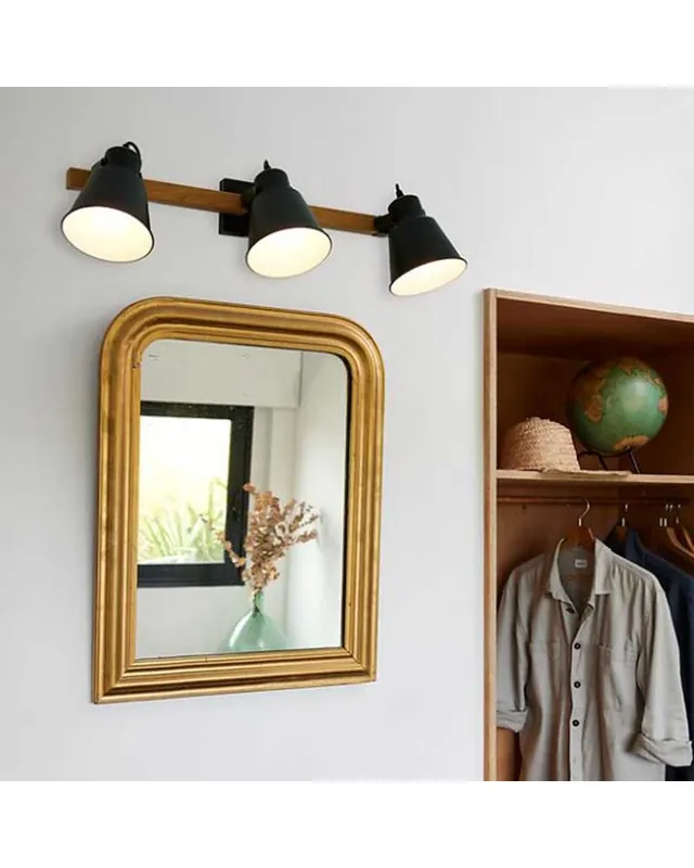 Regleta 3 focos 69cm de metal acabado negro mate y madera acabado oscuro oscilante E27 Alta Calidad