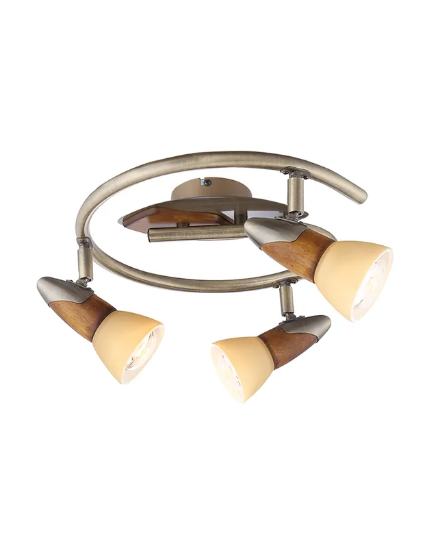 Promoción Plafón de techo circular 30cm 3 focos metal y madera acabado latón E14 40W