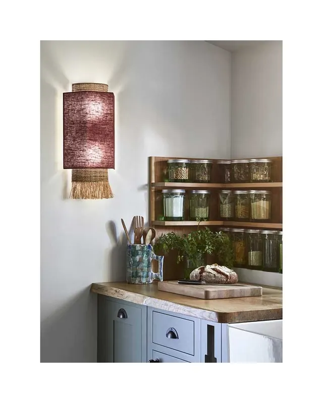 Aplique pared 27cm con 2 pantallas de lino y rafia deshilachada 2xE27 Gran Oferta