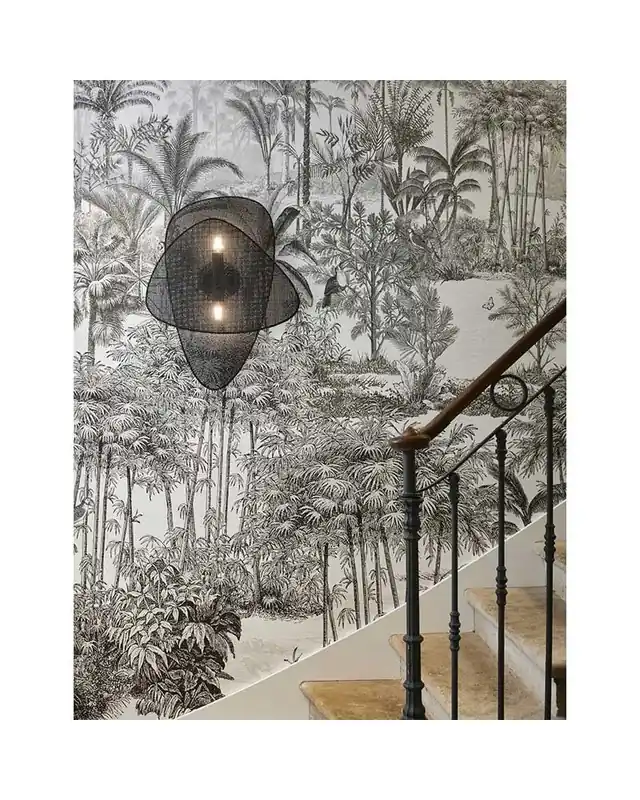Auténtico Aplique para pared 59cm doble pantalla plana de caña acabado negro 2xE27