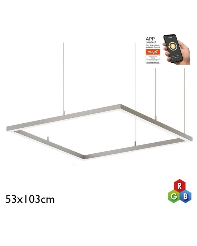 Stock Limitado Lámpara de techo rectangular de 53x103cm LED 62W de aluminio acabado plateado RGB-W driver Tuya