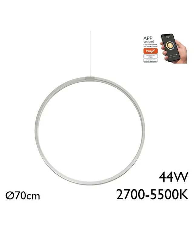 Artesanal Lámpara de techo de 70cm LED 44W de aluminio acabado plateado Graduable 2700K-5500K driver Tuya