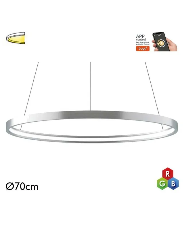 Solo Hoy Lámpara de techo de 70cm LED 44W de aluminio acabado plateado RGB-W driver Tuya