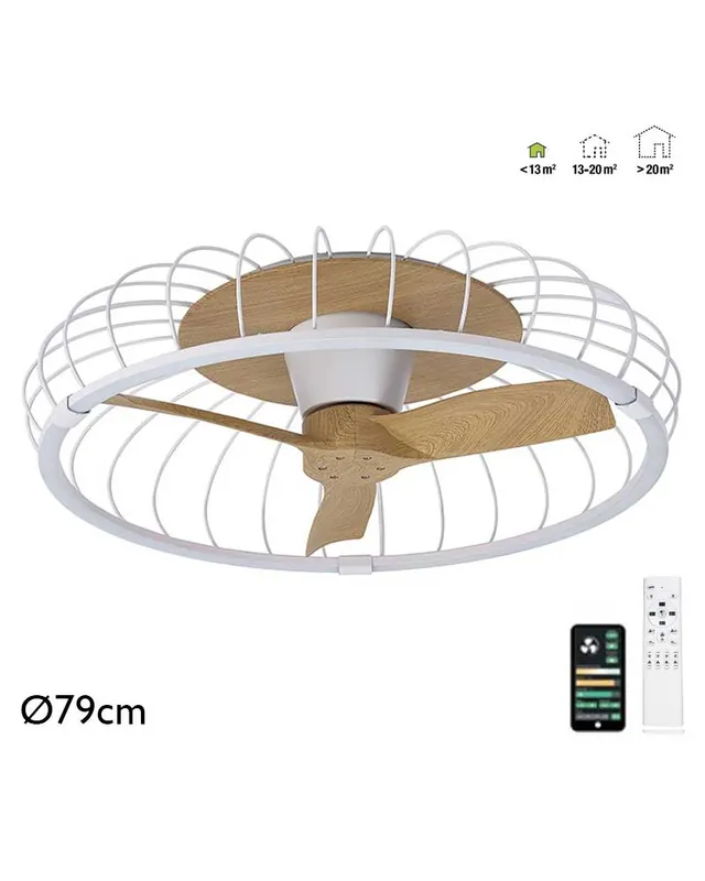 Ventilador inteligente de techo 35W rejilla Blanco-Haya Ø79cm motor DC LED 75w regulable bluetooth y mando incluido Garantía Incluida