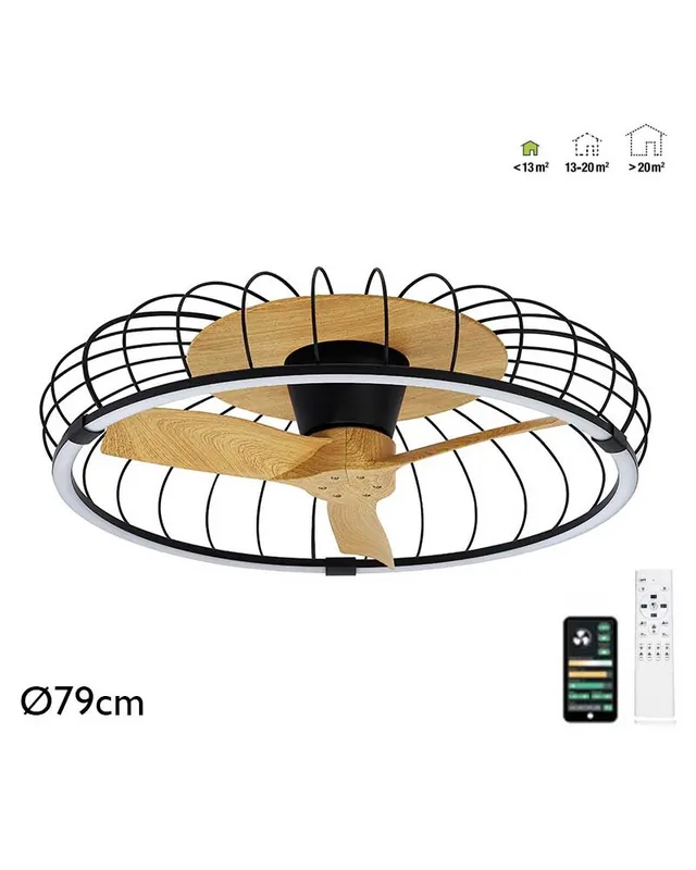 Ventilador de techo 30W rejilla wifi negro y haya Ø79cm motor DC LED 75W regulable bluetooth y mando incluido Envío Gratis