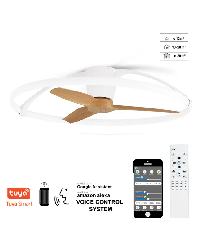 Ventilador de techo alexa blanco y haya Ø105cm 35W  LED 75W 35W control de voz mando y app A Buen Precio