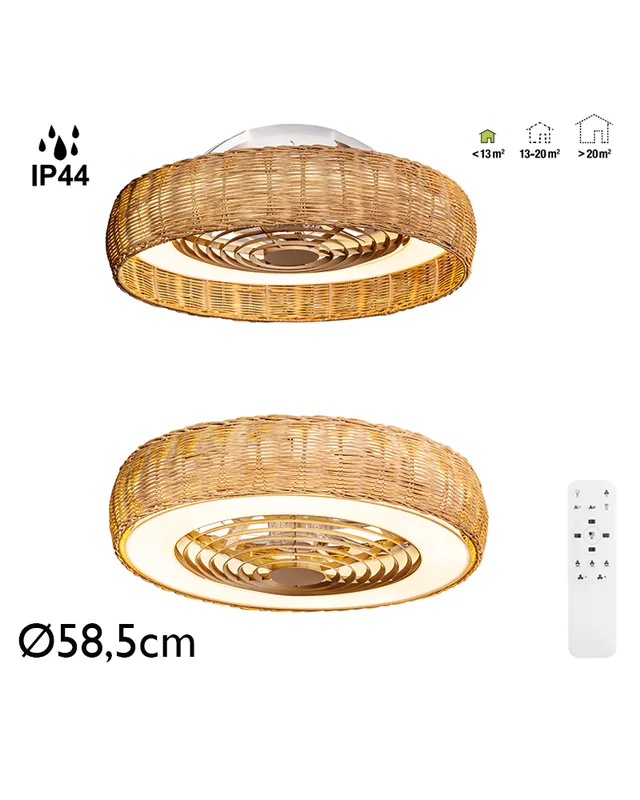 Ventilador de techo 25W Ø58,5cm plafón LED 55W ratán control remoto IP44  luz REGULABLE y mando Máxima Calidad