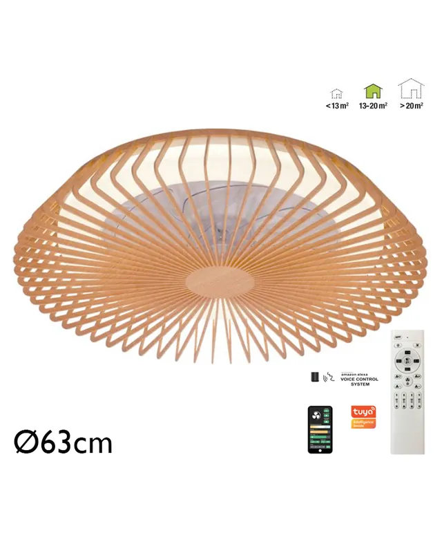 Ventilador de techo inteligente madera 35W Ø63cm plafón LED 70W control remoto luz REGULABLE y App Favorito De Clientes