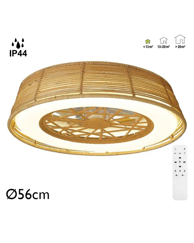 Ventilador de techo 25W Ø56cm plafón LED 55W IP44 ratán control remoto luz REGULABLE y mando Moderno