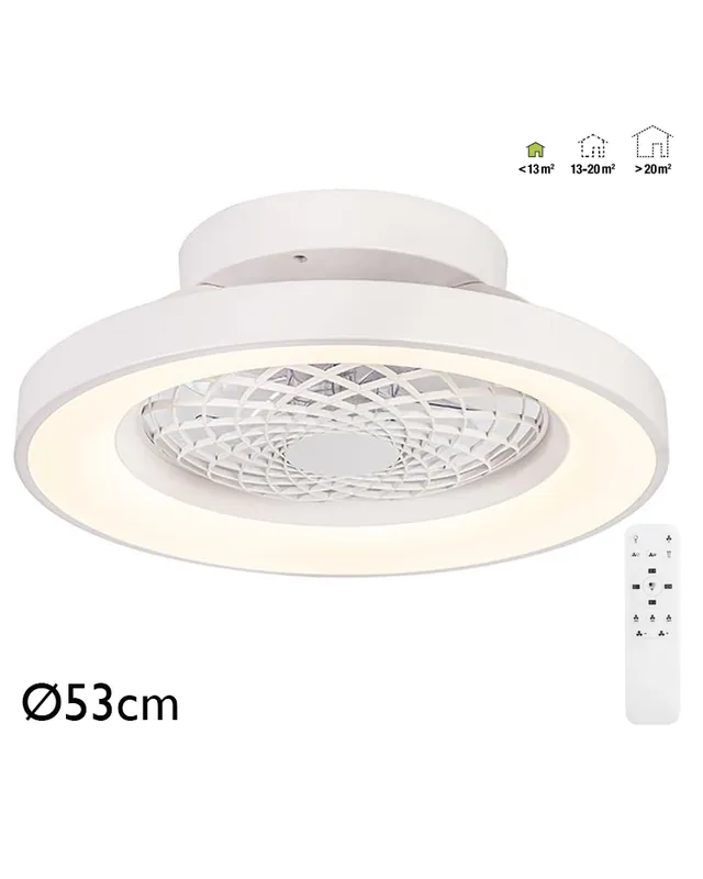 Ventilador de techo blanco 33W Ø53cm plafón LED 70W control remoto luz REGULABLE y mando Solo Hoy
