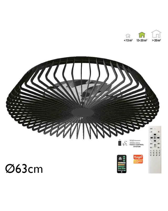 Ventilador de techo inteligente negro 35W Ø63cm plafón LED 70W control remoto luz REGULABLE y App De Moda