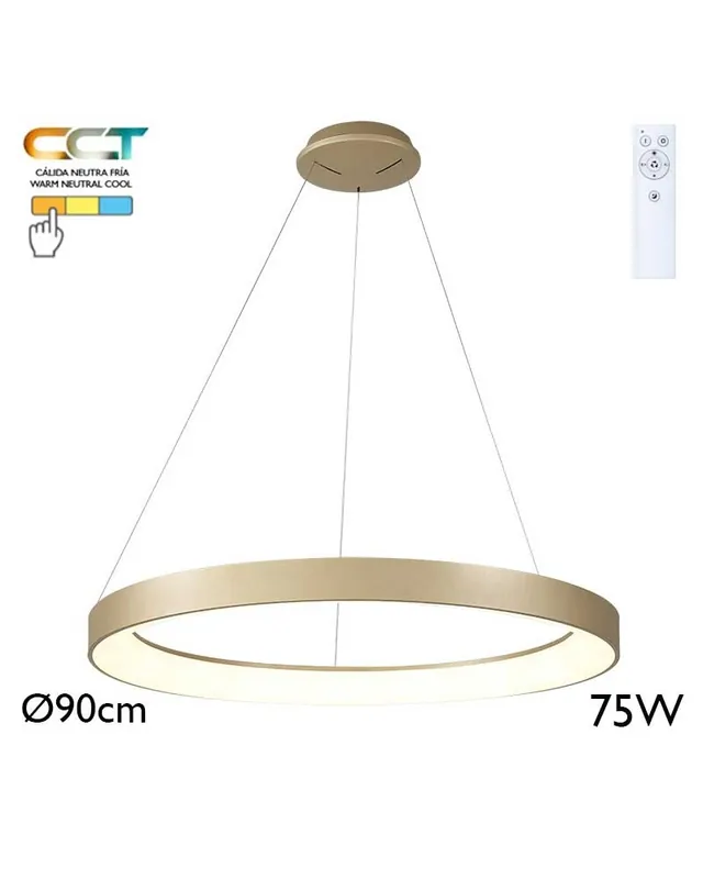 Última Versión Lámpara de techo de 90cm de diámetro LED 75W acabado negro o dorado CCT 2700K/4000K/5000K REGULABLE con mando