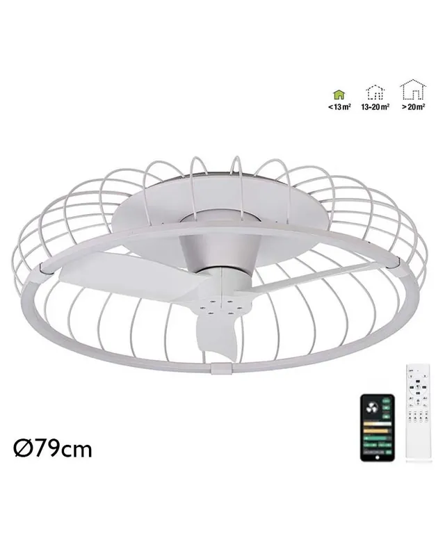 Ventilador de techo 35W rejilla wifi blanco Ø79cm motor DC LED 75w REGULABLE bluetooth mando incluido y app Premium