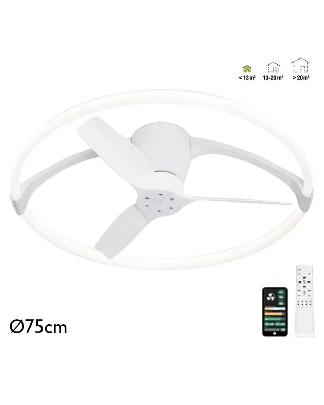Ventilador inteligente de techo blanco 30W Ø75cm motor DC LED 55W REGULABLE bluetooth mando incluido y app Compra Ahora