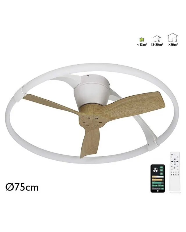 Ventilador inteligente de techo blanco y madera 30W Ø75cm motor DC LED 55W REGULABLE bluetooth mando incluido y app Liquidación