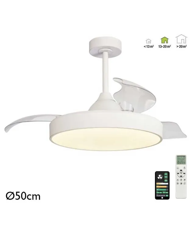 Ventilador de techo blanco 30W Ø50cm motor DC plafón LED 50W mando incluido y app REGULABLE temperatura luz Directo De Fábrica