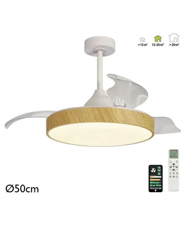 Ventilador de techo madera 30W Ø50cm motor DC plafón LED 50W mando incluido y app REGULABLE temperatura luz Directo De Fábrica