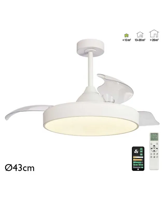 Ventilador de techo blanco 25W Ø43cm motor DC plafón LED 45W mando incluido y app REGULABLE temperatura luz Garantía Incluida