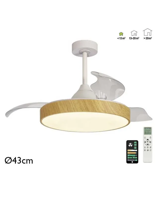 Ventilador de techo madera 25W Ø43cm motor DC plafón LED 45W mando incluido y app REGULABLE temperatura luz Nueva Colección