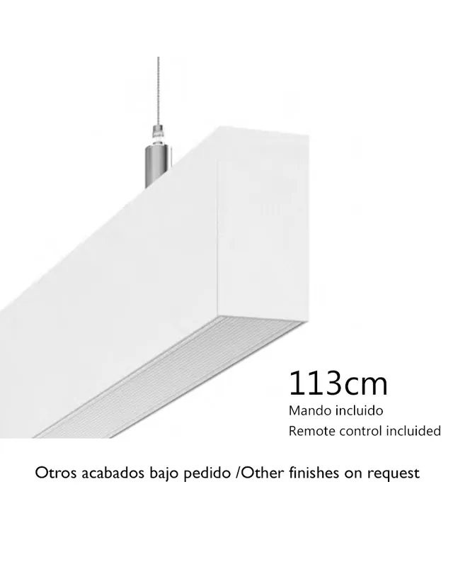 Profesional Lámpara de techo acabado blanco aluminio 40W LED 113cms 7,5x3,9cm difusor opal personalizable con mando regulador incluido