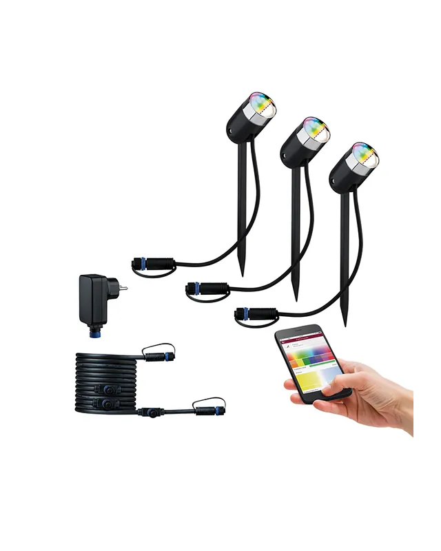 Promoción Exclusiva Set de 3 estacas LED RGB IP44 con 5m cable, 4 salidas y transformador