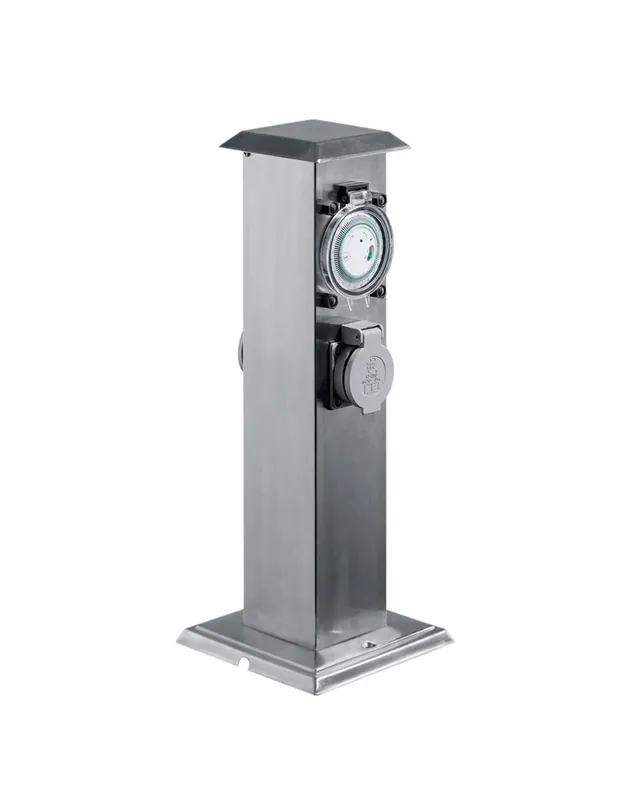 Baliza de 40 cm de acero inoxidable IP44 acabado gris con 2 enchufes estanco con reloj programable A Buen Precio