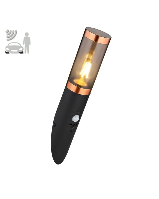 Última Oportunidad Aplique pared de exterior 40,5cm acero inoxidable acabado negro y cobre E27 15W IP44 SENSOR MOVIMIENTO