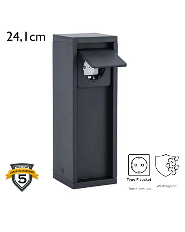 Baliza de 24,1cm IP54 de aluminio acabado negro con 1 enchufe estanco Schuko 3500W Edición Limitada