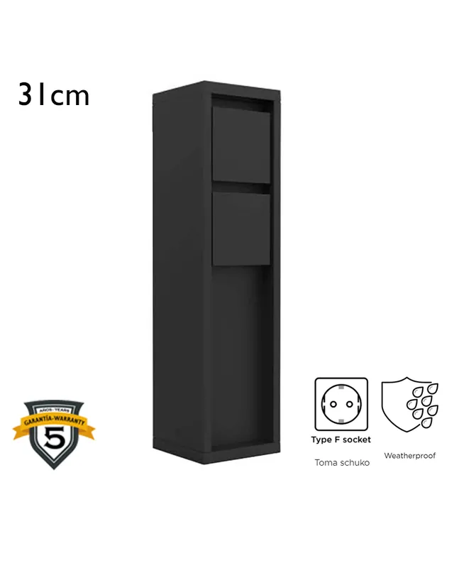 Baliza de 31cm IP54 de aluminio acabado negro con 2 enchufes estanco Schuko 3500W Mayoreo