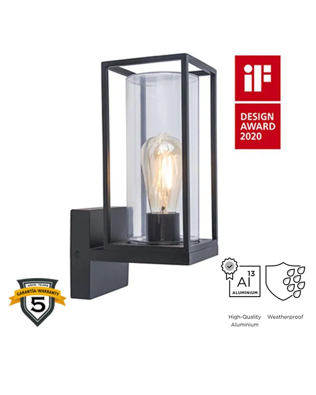 Súper Precio Aplique pared de exterior negro 31,3cm de aluminio y cristal E27 IP44