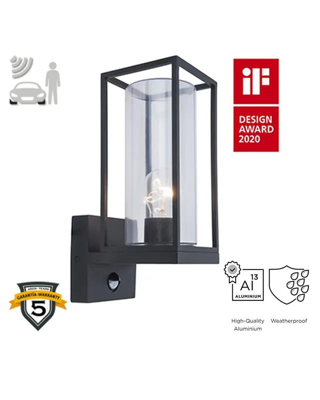 Aplique pared de exterior negro 31,3cm de aluminio y cristal E27 IP44 SENSOR MOVIMIENTO Pedido Al Por Mayor