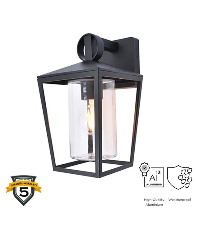 Aplique pared de exterior negro 28,8cm de aluminio y cristal E27 IP44 Oferta Flash